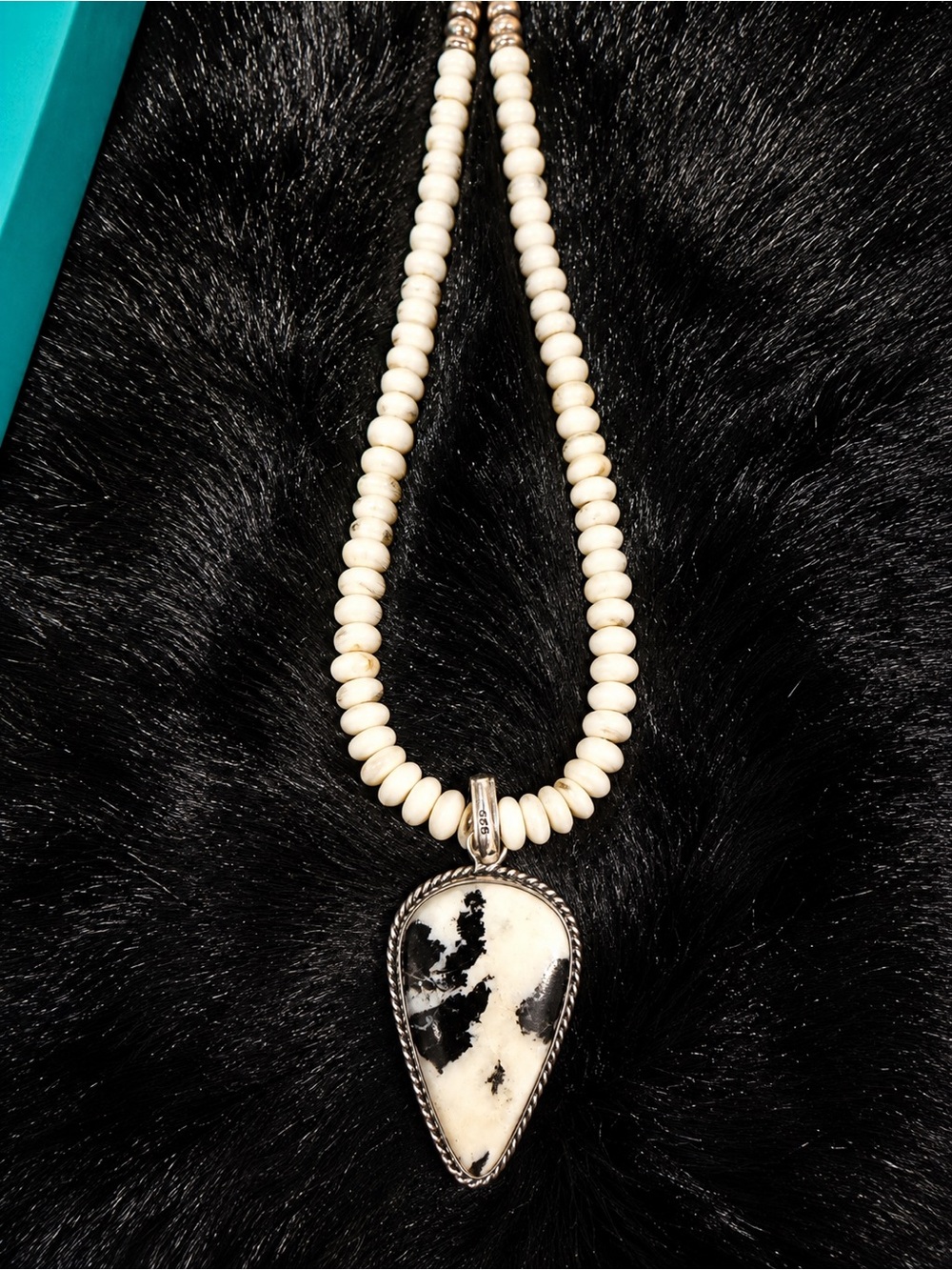 Navajo Native American White Buffalo Sterling Silver 925 Pendant Necklace Heishi